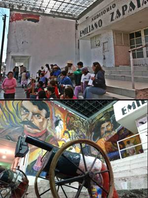 Cubren con pintura mural de Cienfuegos en Atenco El mural fue plasmado desde 2001 en la fachada del auditorio municipal