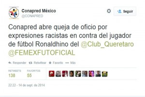 La instituci�n inform� mediante su cuenta de Twitter que abre proceso por los insultos a Ronaldinho