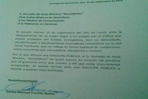 Carta en donde ofrece disculpas a Ronaldinho