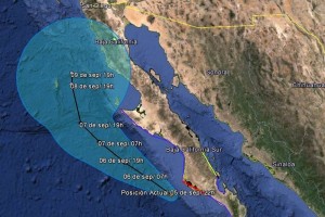 Imagen de Conagua que describe el desplazamiento de 'Norbert' esta noche, frente a la pen�nsula de B