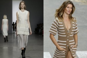 En la primera foto, una modelo viste una creaci�n de la colecci�n Oto�o-Invierno de Calvin Klein. En