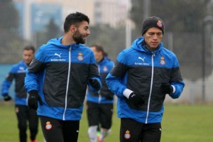 Los jugadores del Espanyol durante un entrenamiento 
