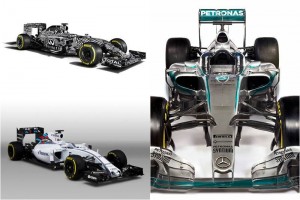 RB11 de Red Bull (arriba); FW37 de Williams (abajo) y el modelo W06 de Mercedes (der). 