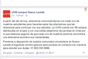 Cierra UVM campus de Nuevo Laredo La institucin dio a conocer el cierre definitivo