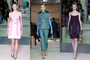 PRADA. Abrigos rosas con guantes verdes de piel y bolsos de asas cortas color