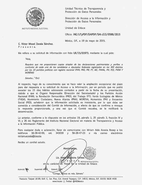 Se argument� que se ampli� el plazo para que el Comit� de Informaci�n del INE ratifique la respuesta